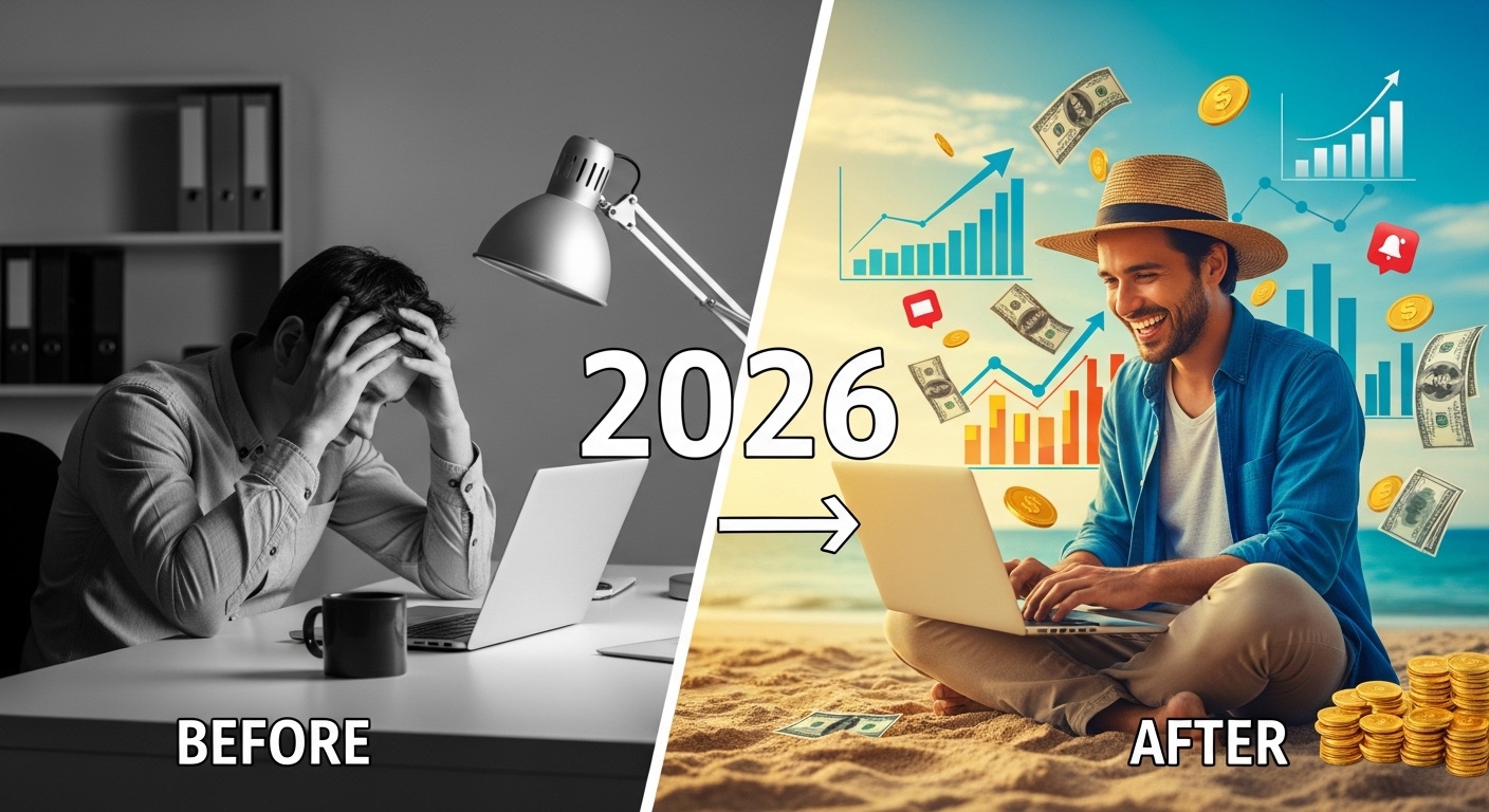 Split-screen composition showing 'BEFORE' and 'AFTER' of online earning journey. LEFT SIDE: Person stressed at traditional office desk in gray, dull lighting, looking tired. RIGHT SIDE: Same person happy and relaxed working on laptop at beach/home, surrounded by success symbols (money, graphs trending up, notification icons), bright vibrant colors. Large '2026' text overlay in the center dividing line with arrow pointing from left to right. Use dramatic lighting contrast: gray/blue on left, warm golden and teal on right. Photorealistic style, cinematic composition, professional commercial photography quality. 16:9 format." Style: Photorealistic, cinematic, comparison/transformation Colors: Gray (left) vs Vibrant blue/gold (right) Mood: Transformative, aspirational, relatable CTR Factor: Very High - Transformation stories are highly engaging